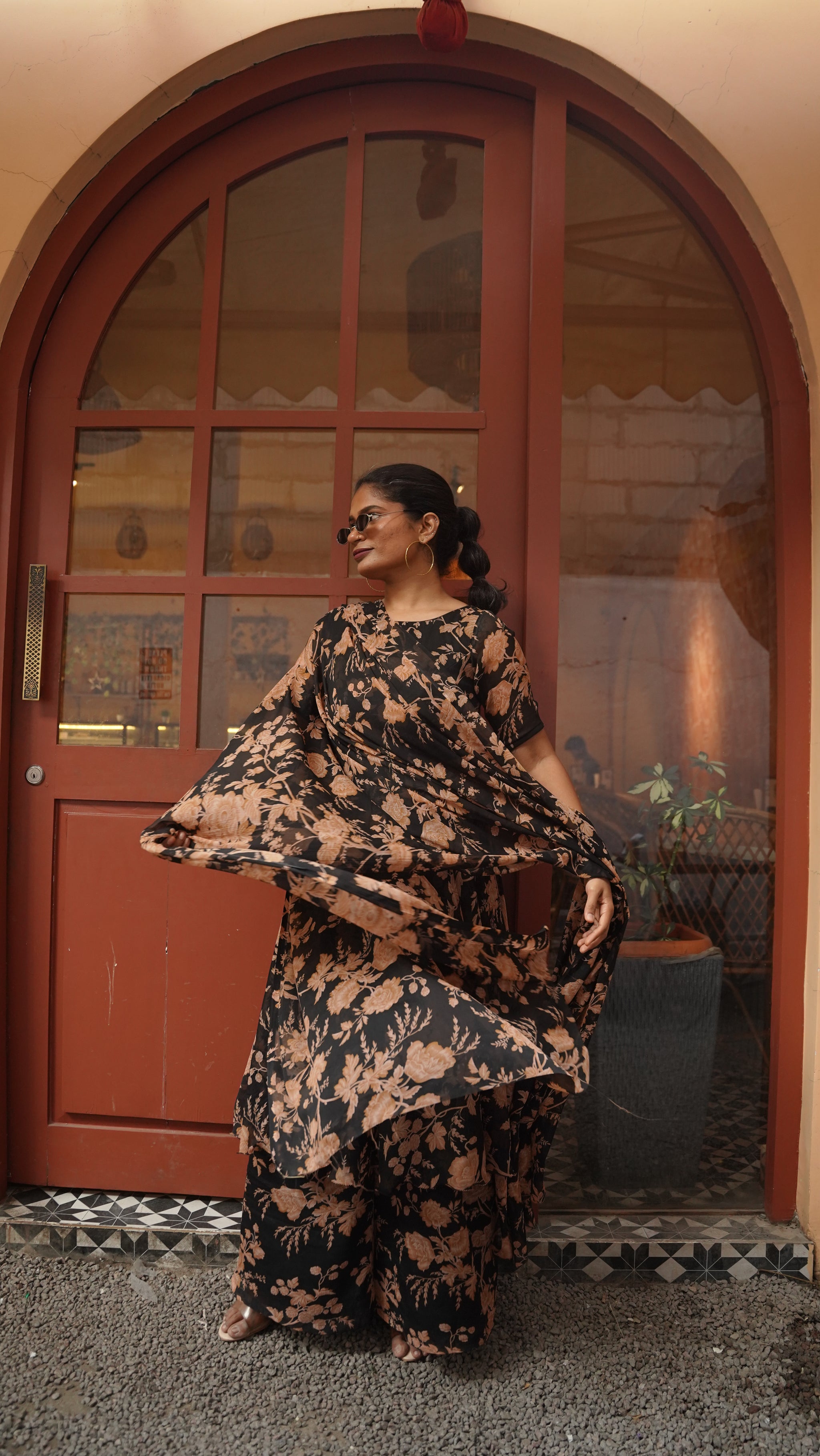 Black Floral Anarkali Set