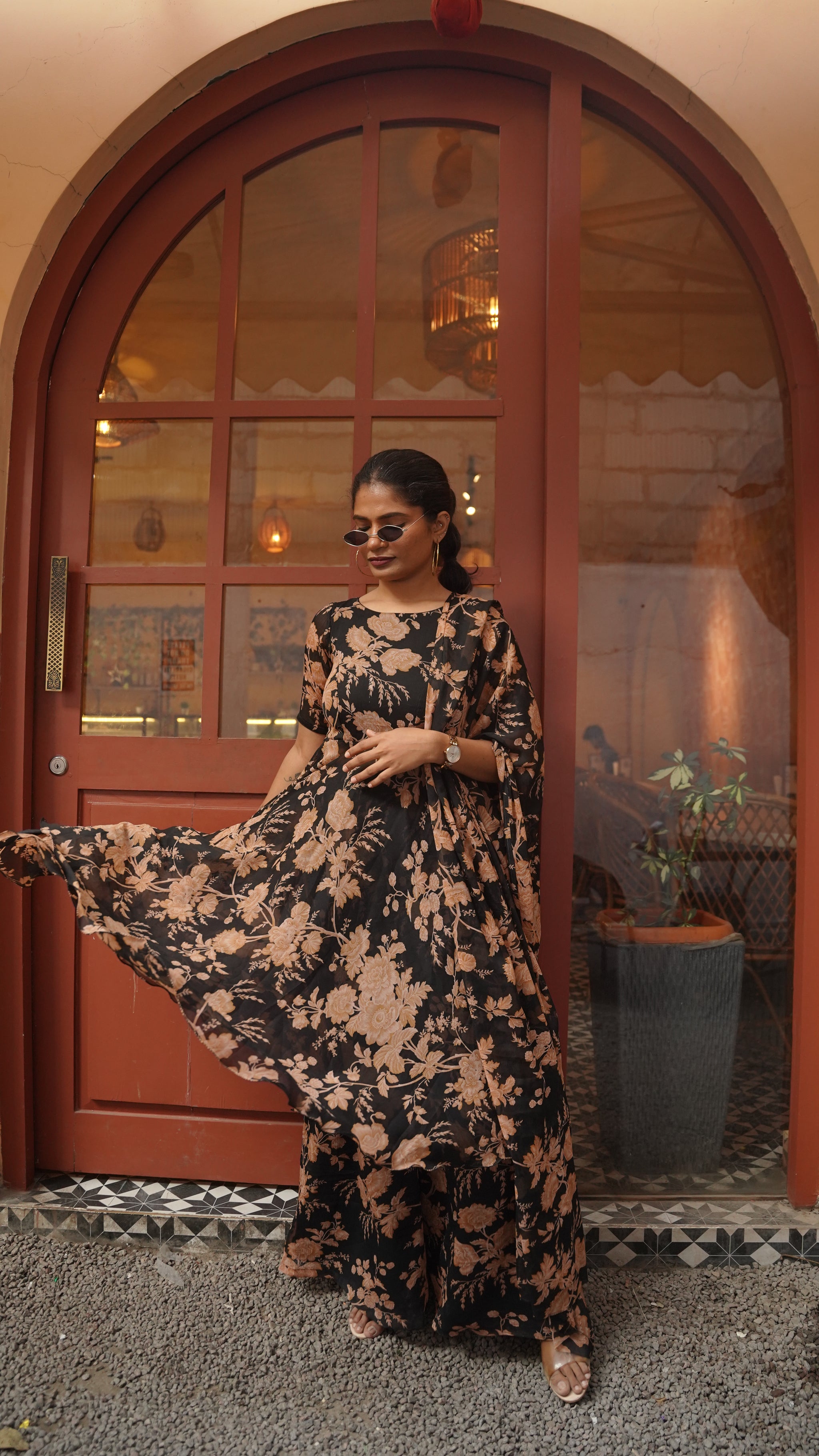 Black Floral Anarkali Set