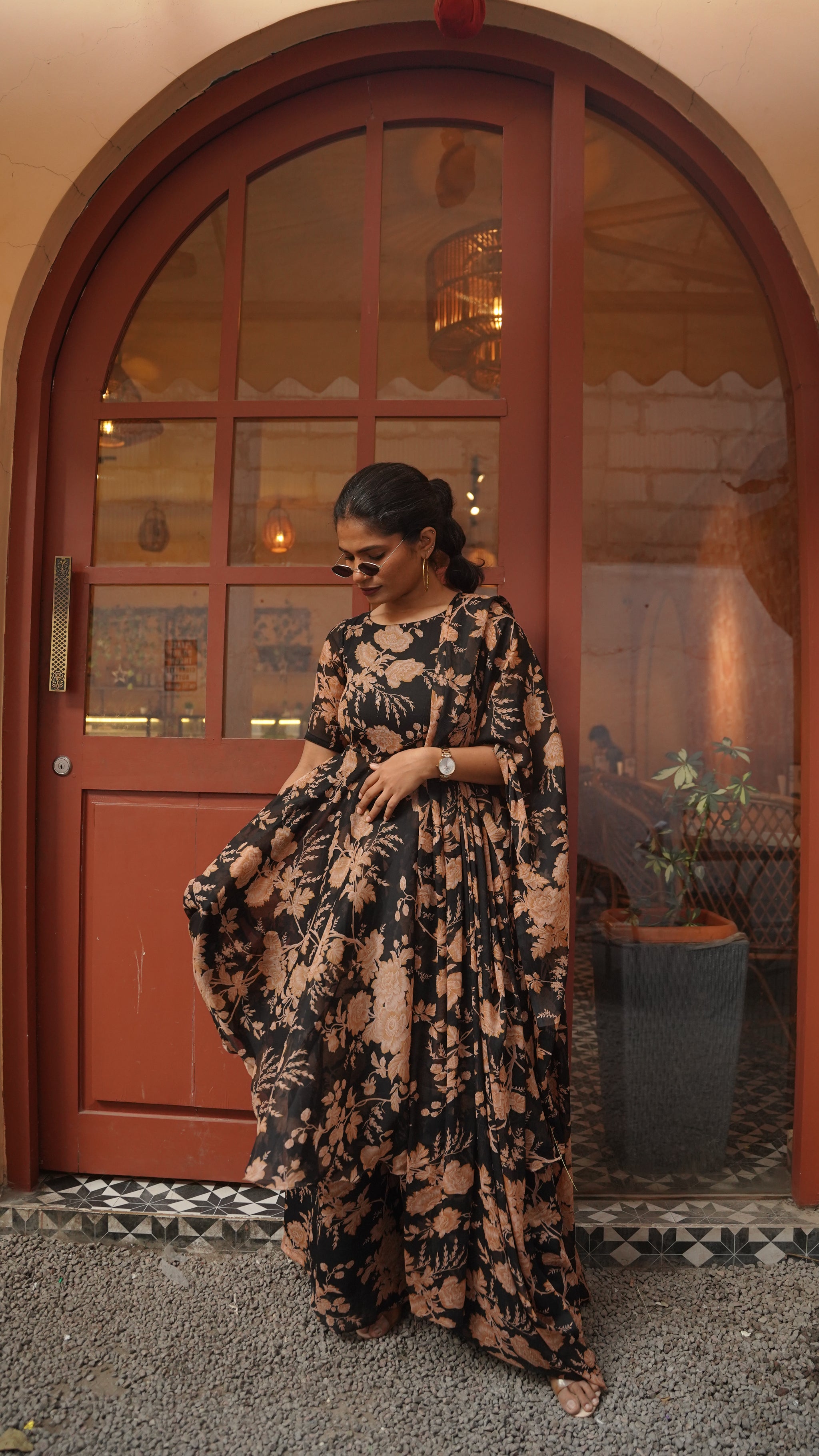 Black Floral Anarkali Set