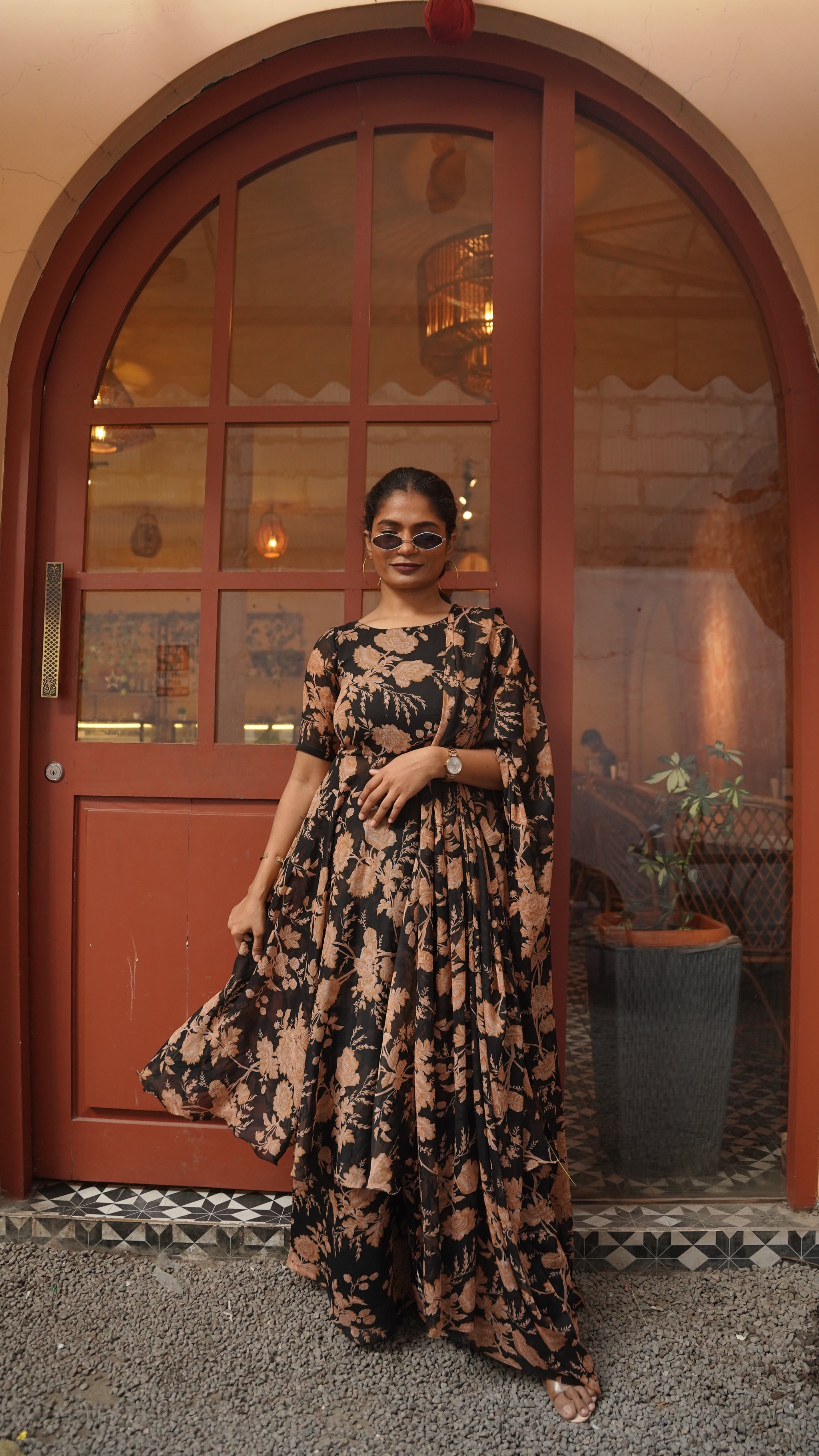 Black Floral Anarkali Set
