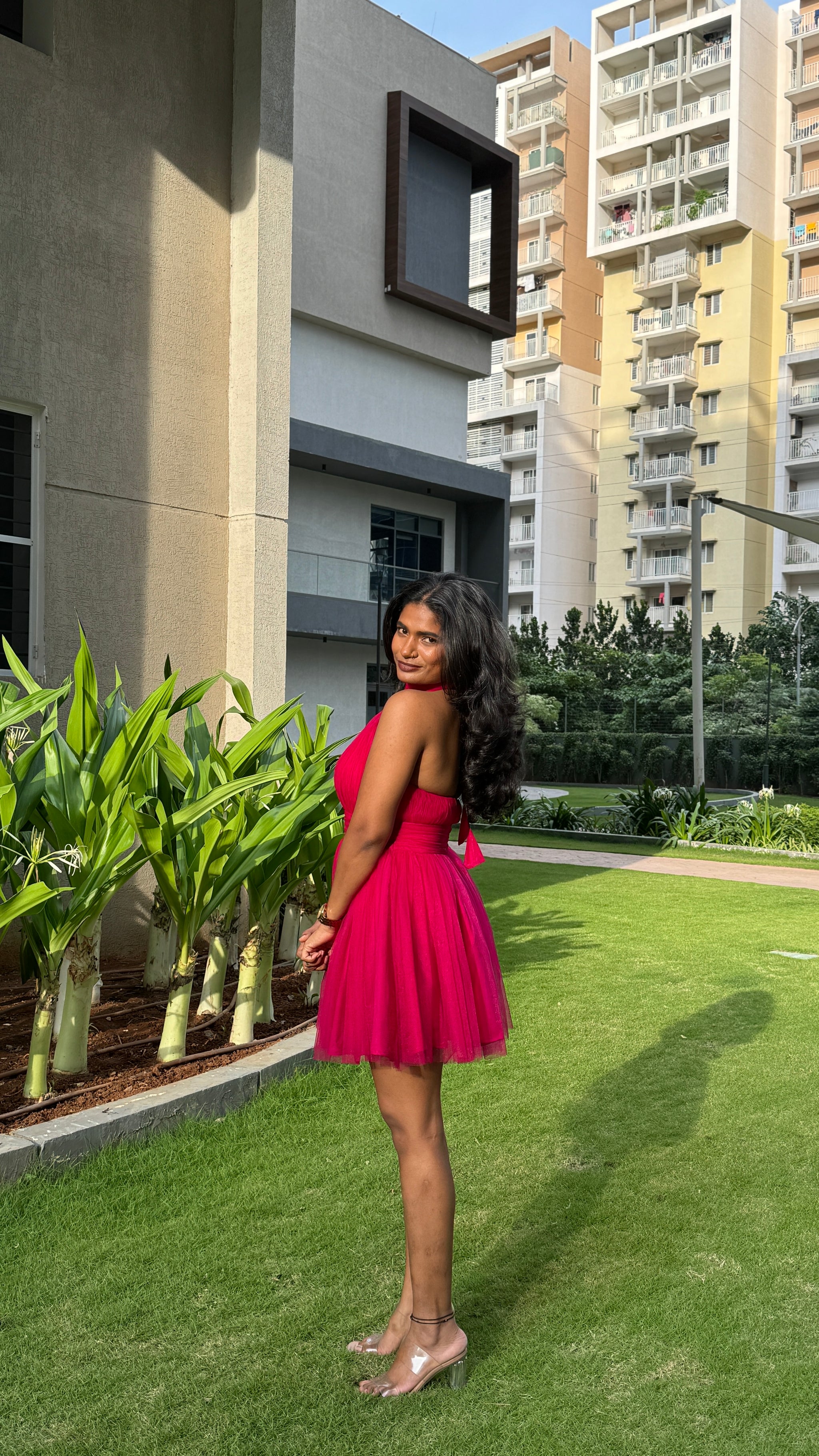 Backless Knee Length Pink Dress