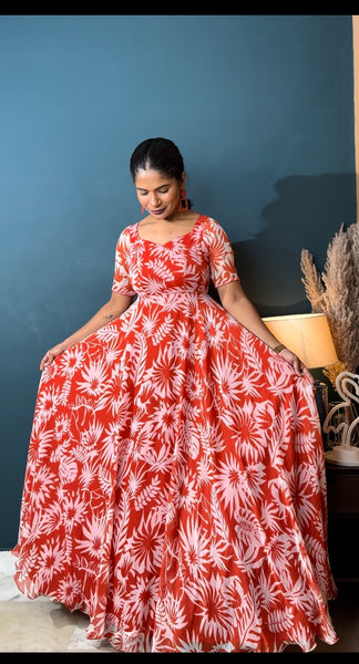 Red Monstera Long Frock