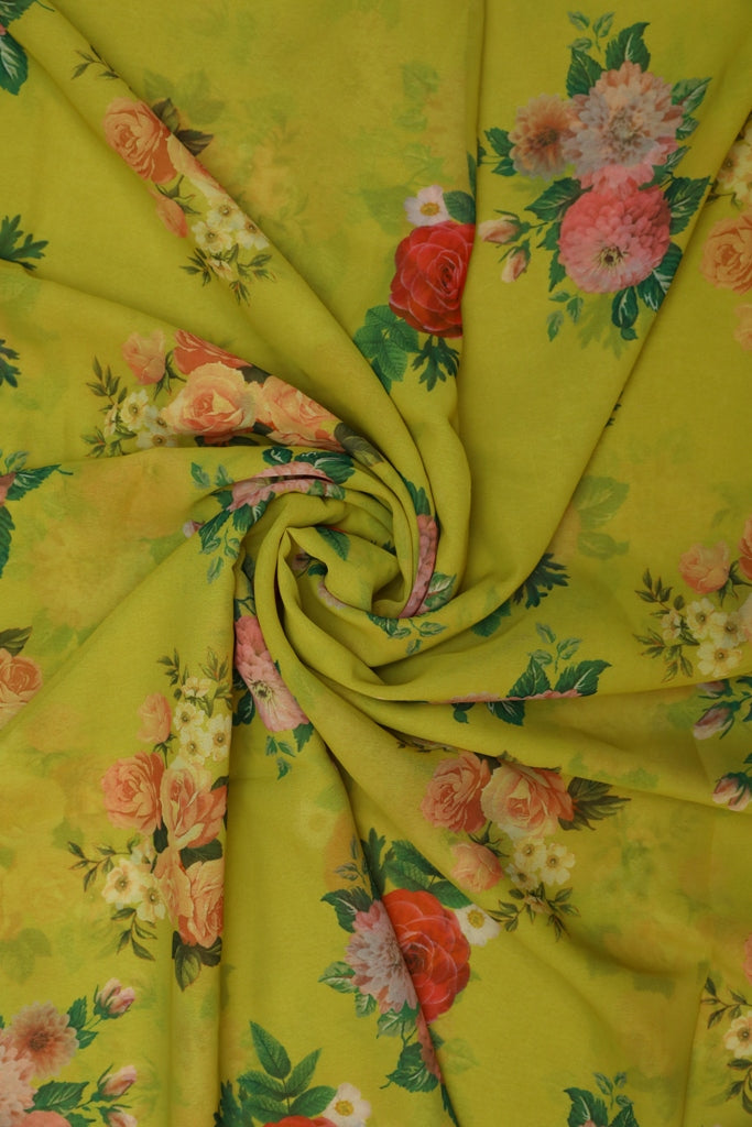Lime Green Floral Normal Width Georgette Fabric