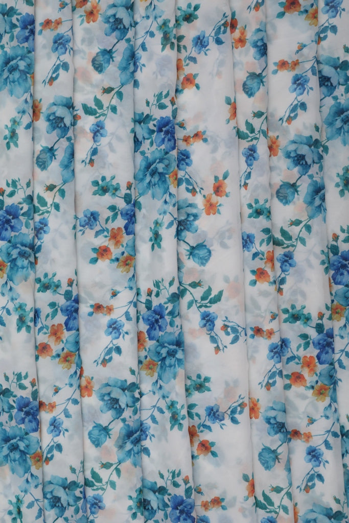 White & Blue Georgette Fabric